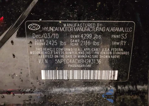 2011 Hyundai Sonata Se z USA, uszkodzony, nr VIN 5NPEC4ACXBH213136